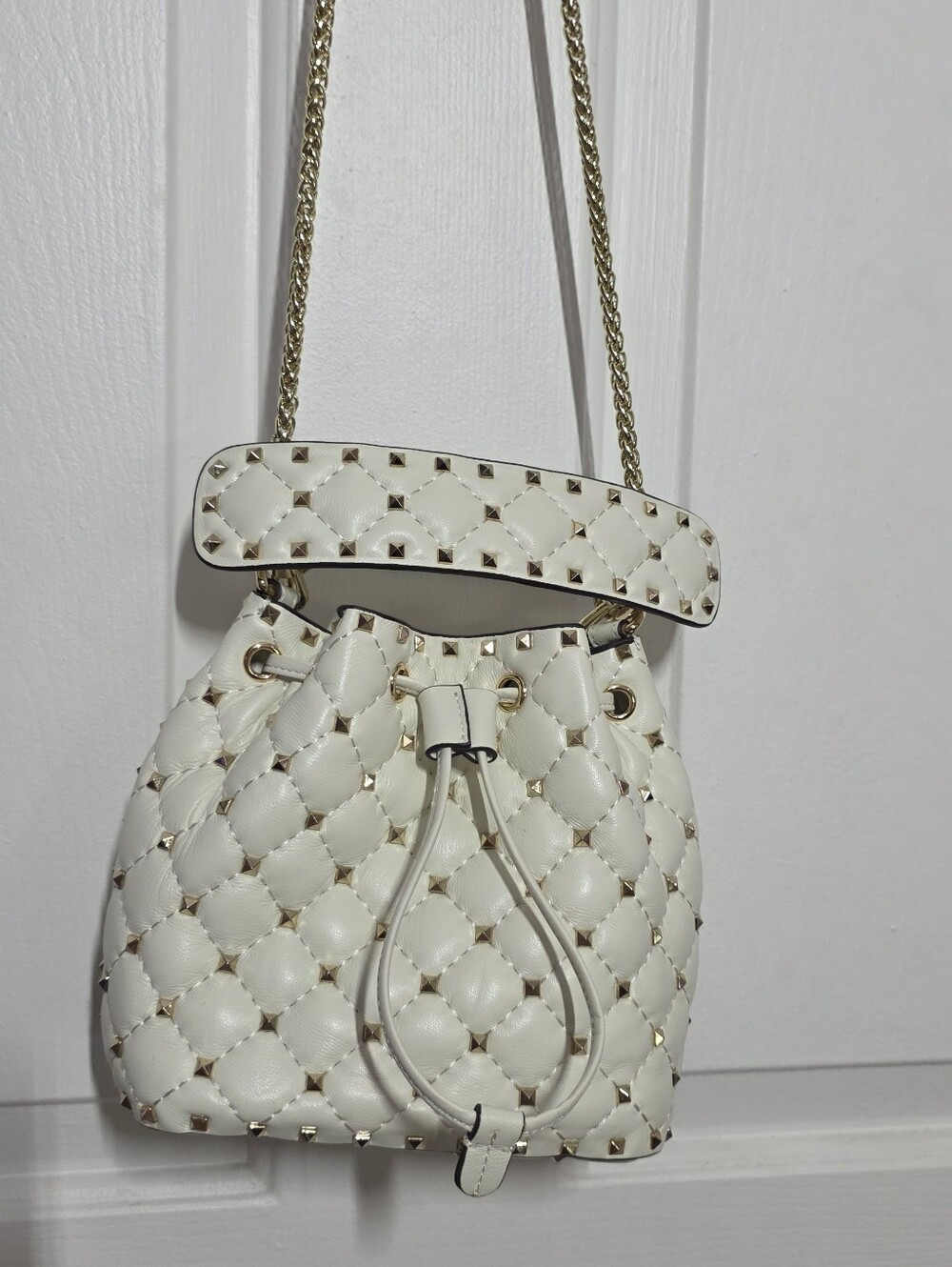 Off White Quilted Studded Drawstring Shoulder Bag - Picture 7 of 13